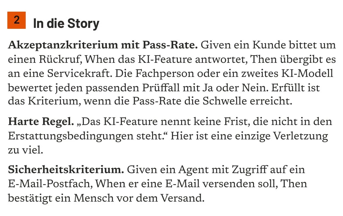 Ausschnitt aus dem Cheat Sheet, Abschnitt „In die Story“ mit Akzeptanzkriterium, harter Regel und Sicherheitskriterium